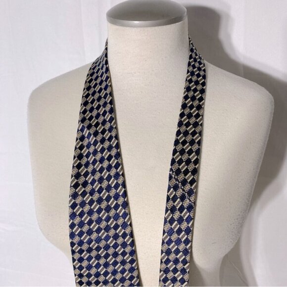 Vintage Ermenegildo Zegna Blue Tan Square Print 100% Silk Tie - Picture 7 of 9
